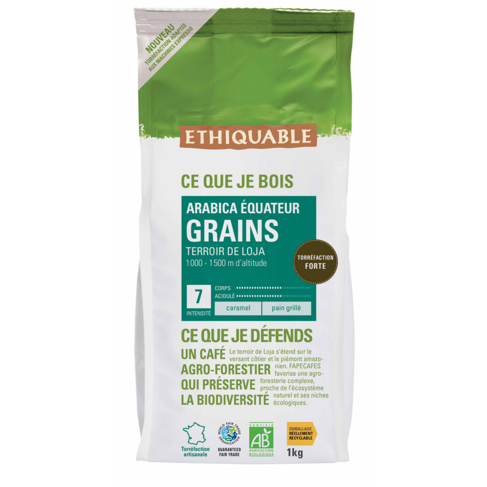 Ethiquable Caf en grains Equateur Bio et quitable, arabica d'altitude - Intensit 3 - Sachet de 1 kg