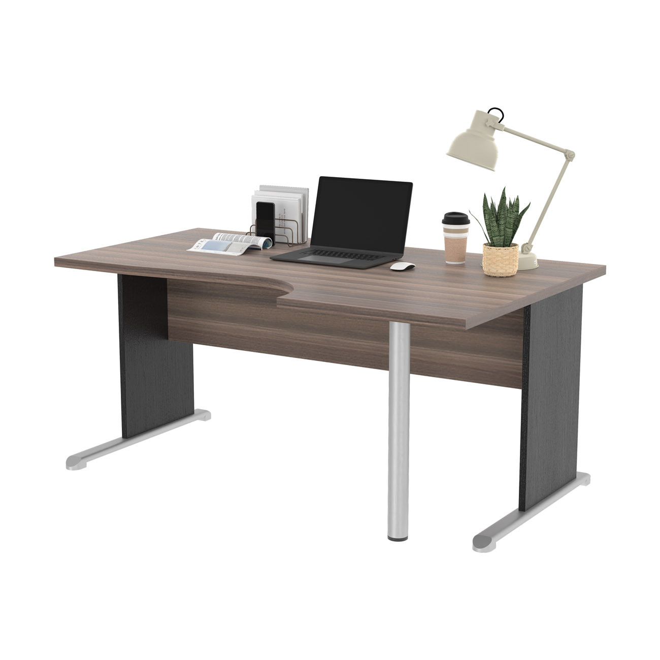 Bureau d'angle compact retour à droite Pronto Bois - L.160 x P.100 cm - Plateau Cendre - Pieds L Noir