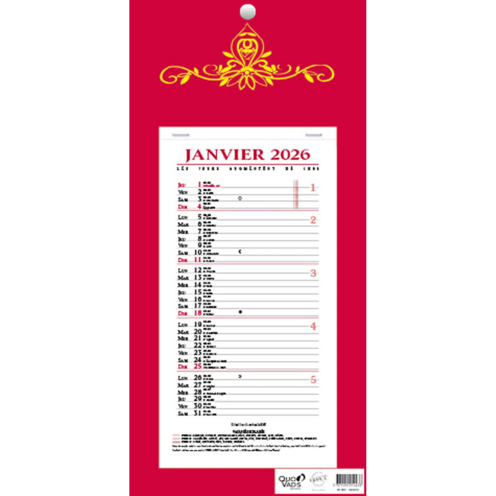 Quo Vadis Calendrier mural bloc mensuel - 16 x 33,5 cm - Rouge - 2026