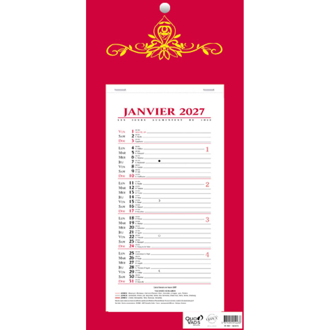 Quo Vadis Calendrier mural bloc mensuel - 16 x 33,5 cm - Rouge - 2027