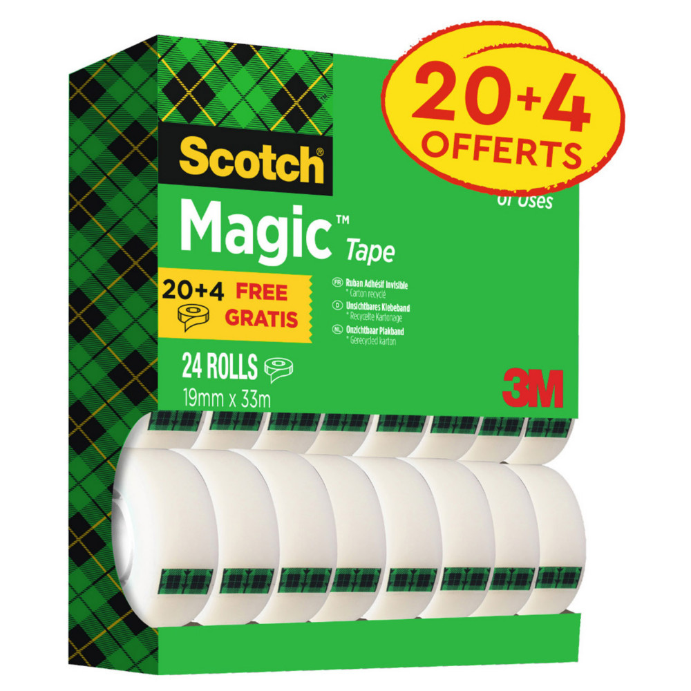 Scotch Magic Tape Ruban adhsif invisible 19 mm x 33 m (Lot de 20 + 4 OFFERTS)