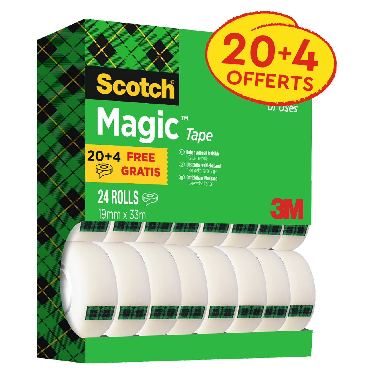 Scotch Magic Tape Ruban adhésif invisible 19 mm x 33 m (Lot de 20 + 4 OFFERTS)