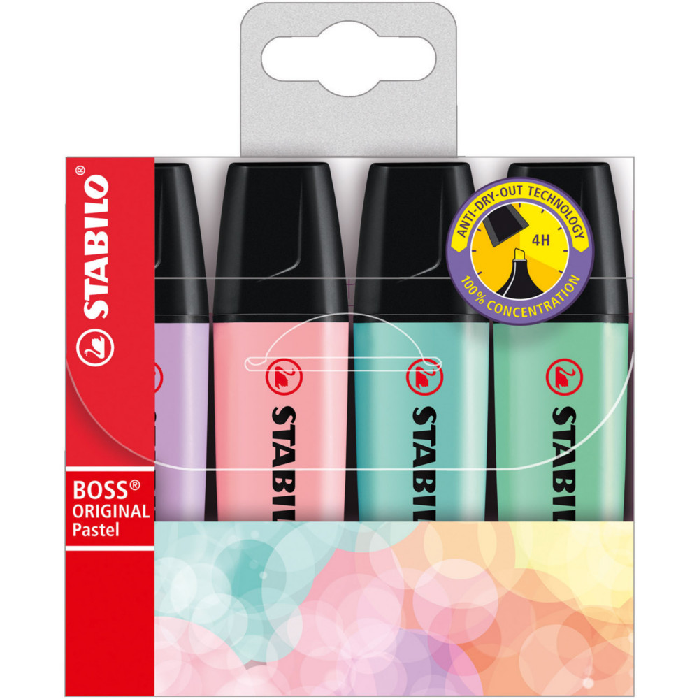 STABILO BOSS ORIGINAL Pastel Surligneur pointe biseaute 2 et 5 mm - Coloris assortis - Pochette de 4