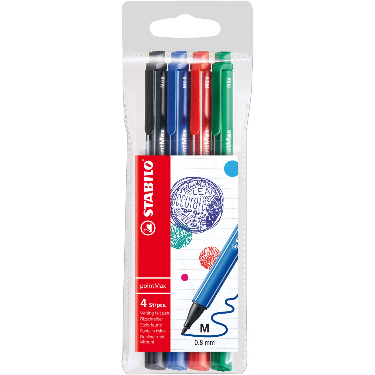 STABILO Stylo-feutre PointMax pointe moyene en nylon - Couleurs d'encre assorties - Pochette de 4