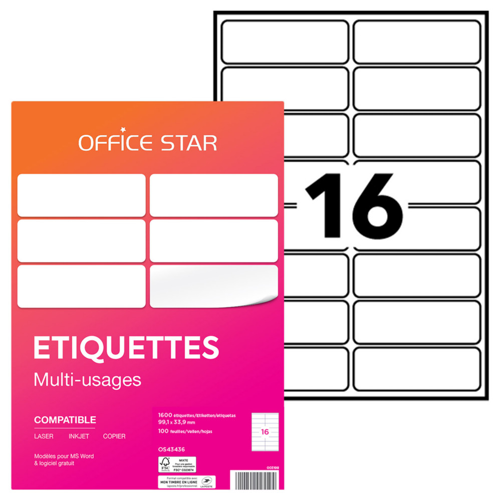 OFFICE STAR OS43436 Etiquettes multi-usages blanches 99,1 x 33,9 mm - Bote de 1600