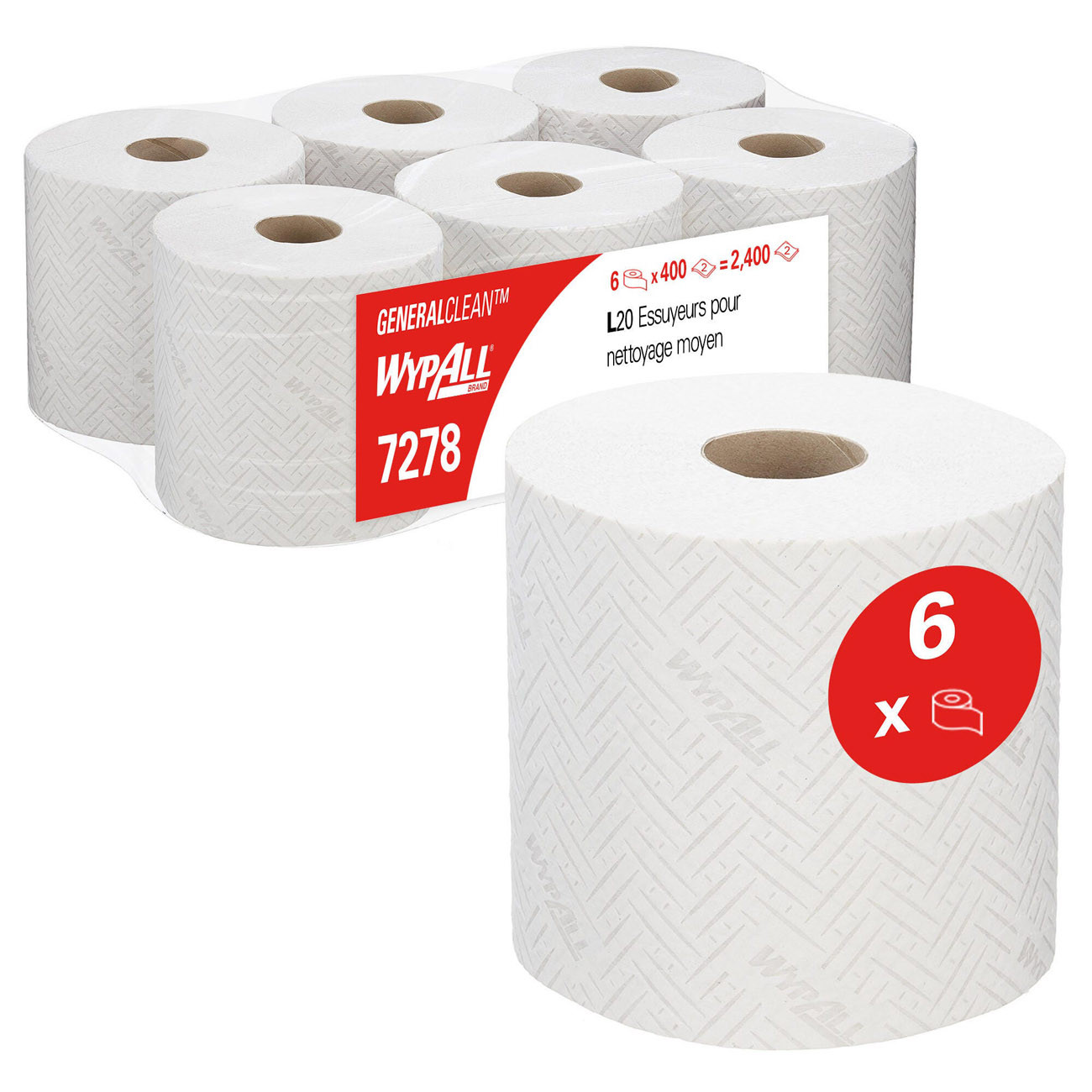 Wypall L20 papier d'essuyage à dévidage central double épaisseur - Blanc - 7278 - Lot de 6 bobines de 152 m