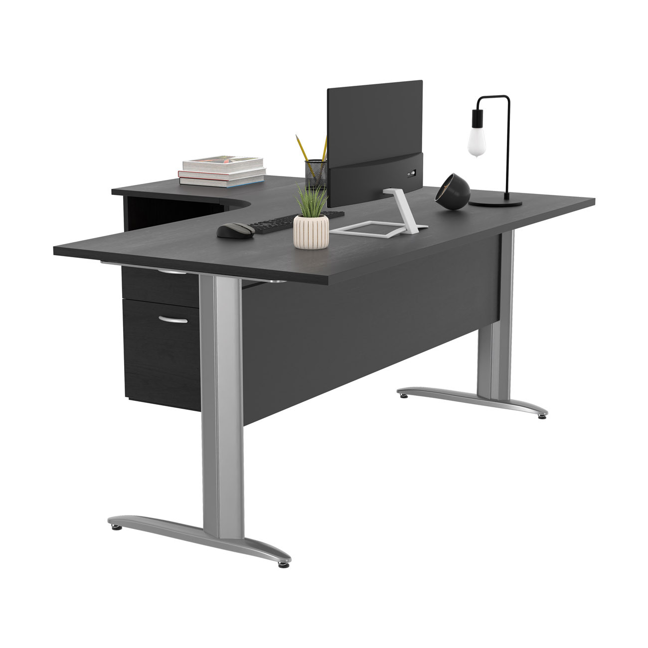 Pack Bureau d'angle compact retour à gauche Pronto Métal - L.160 x P.100 cm - Plateau Noir - Pieds L Aluminium + Caisson hauteur bureau