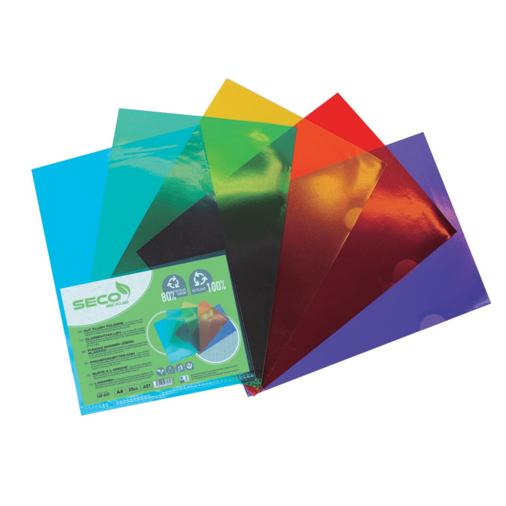 Seco Pochettes coins A4 en polypropylne 12/100 grain - Coloris assortis - Paquet de 25