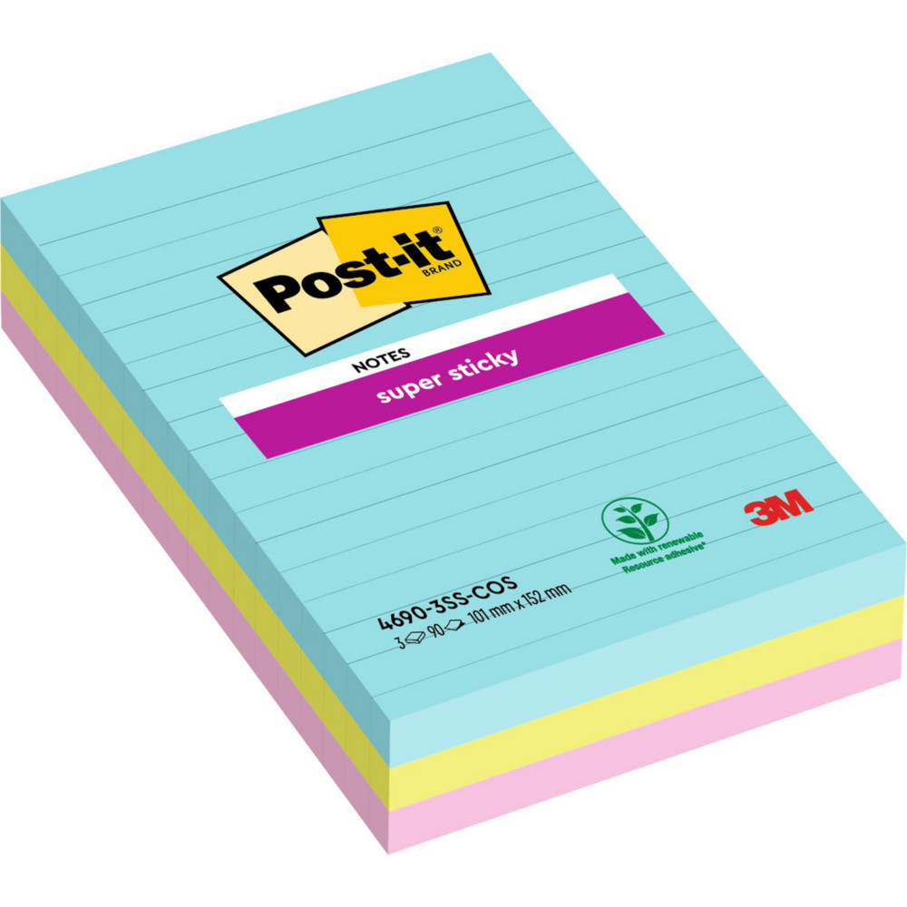 Post-it Bloc de notes SuperSticky lignes 101x152 mm collection multicolore Miami - lot de 3 blocs de 90feuilles