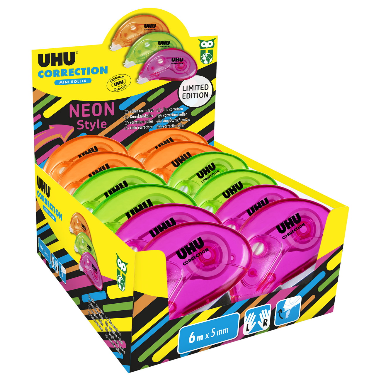UHU Roller de correction Mini 5mm x 6m Neon translucide - Pack 10 + 2 OFFERTS