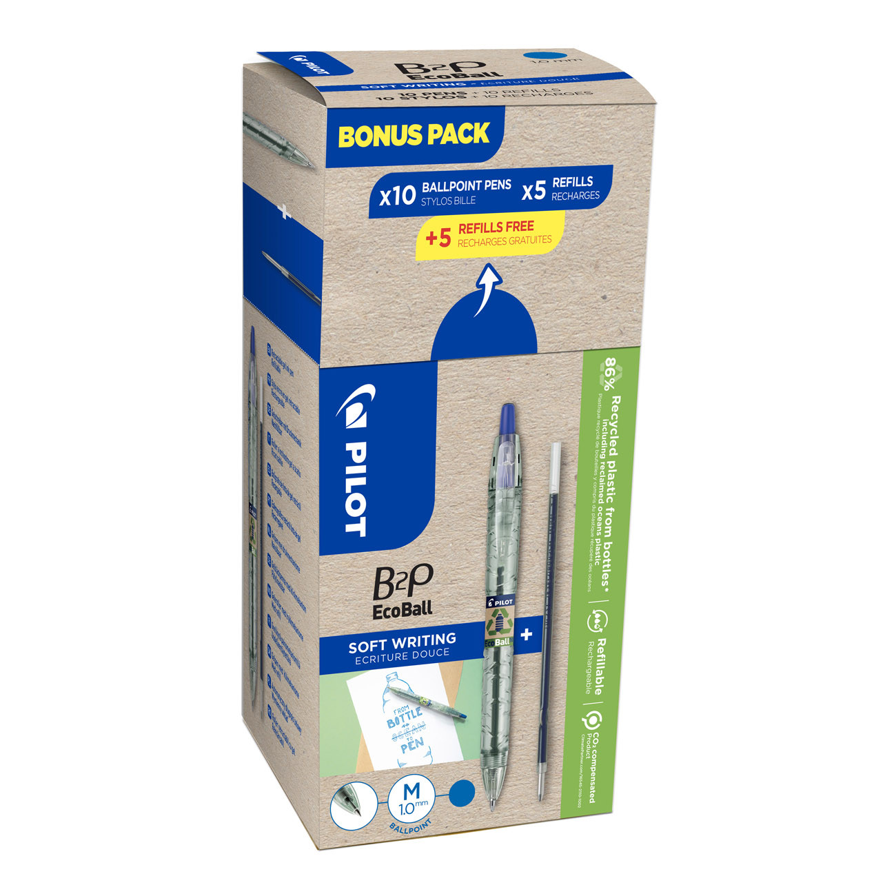 Pilot Greenpack B2P Ecoball - Stylo bille rétractable pointe large 1mm Bleu - lot 10 stylos + 10 recharges dont 5 offertes