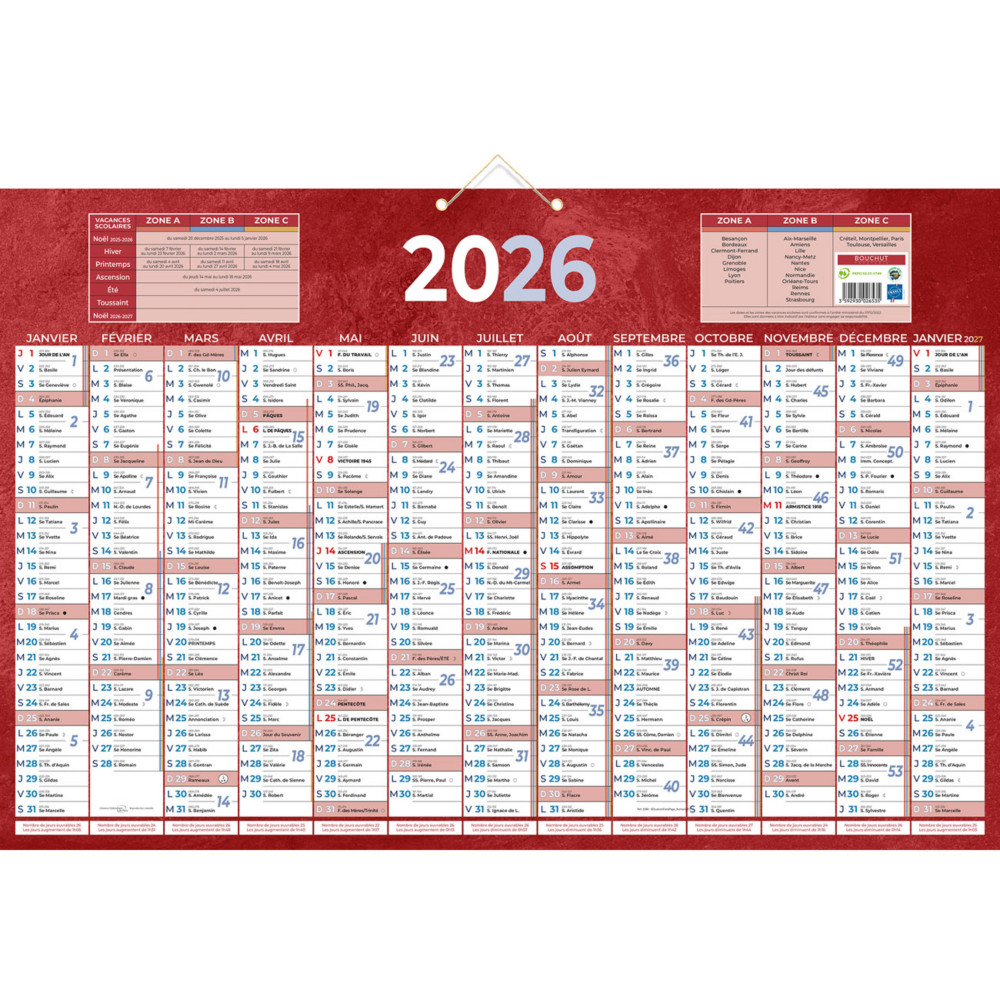 Bouchut Calendrier mural annuel (recto 13 mois) - Rouge - 43 x 65 cm - 2026