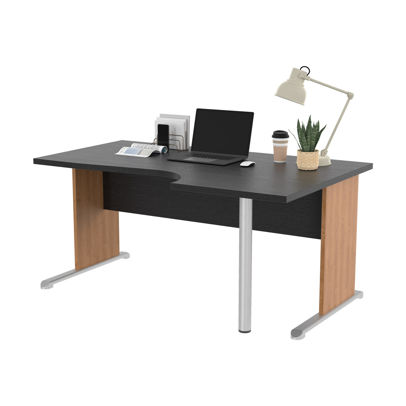 Bureau d'angle compact retour à droite Pronto Bois - L.160 x P.100 cm - Plateau Noir - Pieds L Aulne