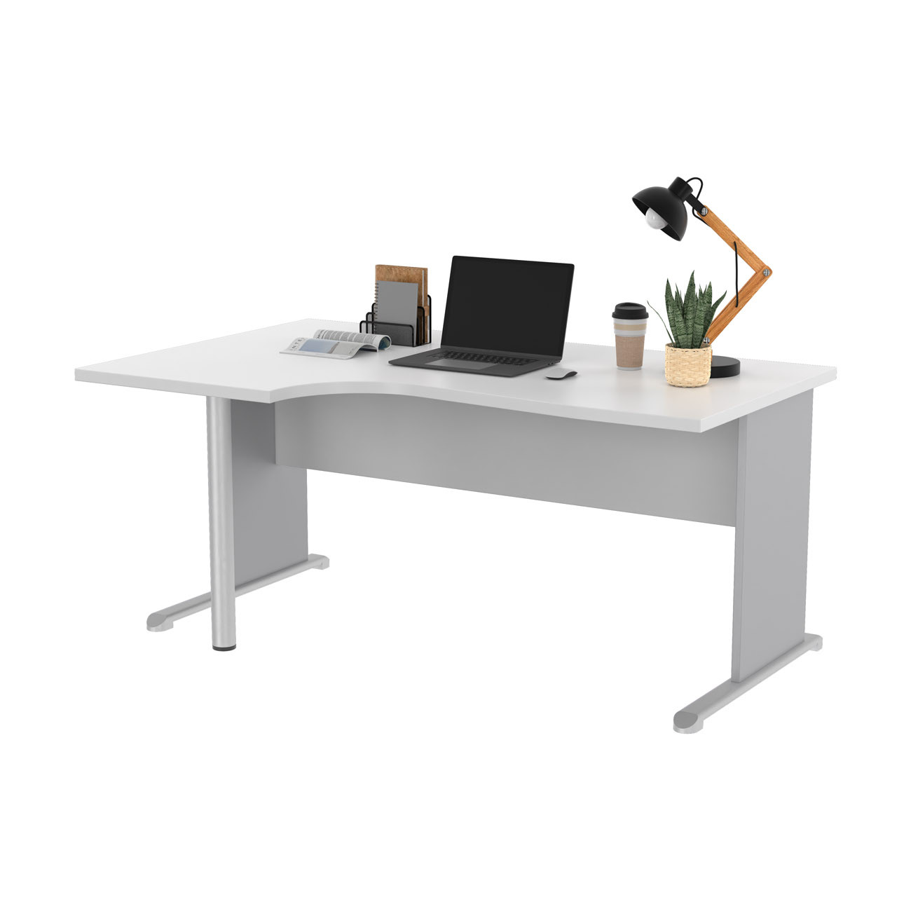 Bureau d'angle compact retour à gauche Pronto Bois - L.160 x P.100 cm - Plateau Blanc - Pieds L Aluminium