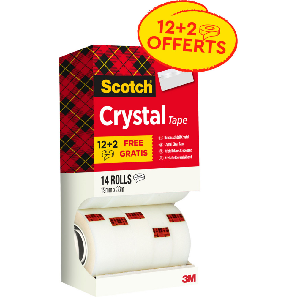 Scotch Crystal Ruban adhsif transparent largeur 19 mm x longueur 33 m (Lot de 12 + 2 OFFERTS)