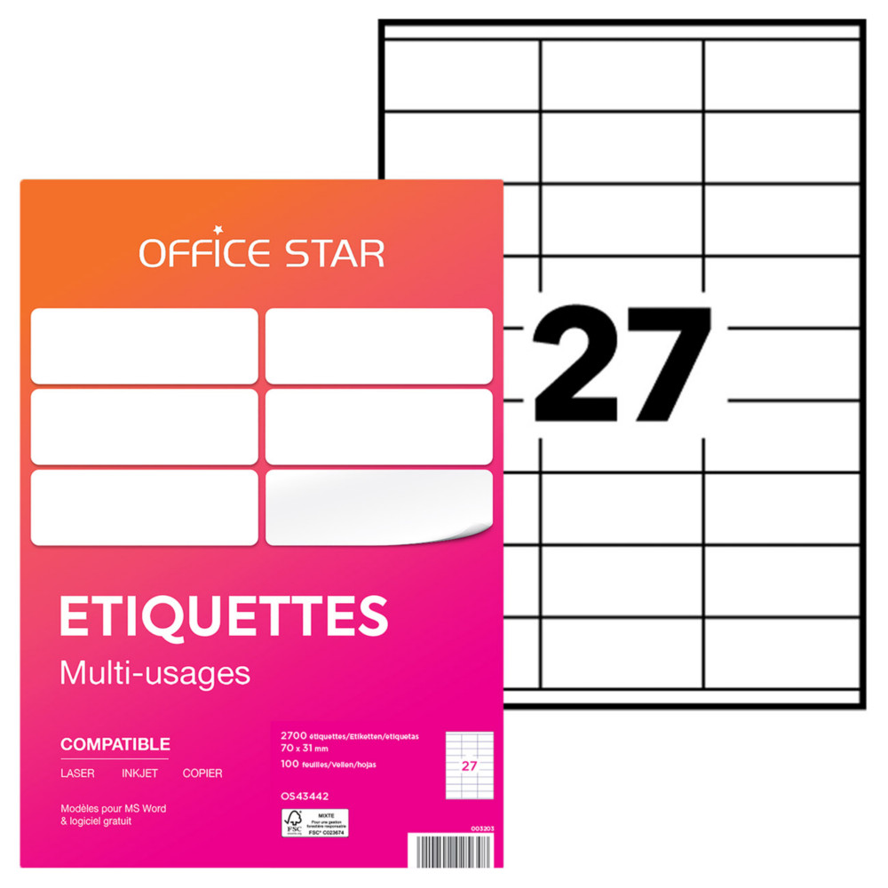 OFFICE STAR OS43442 Etiquettes multi-usages blanches 70 x 31 mm - Bote de 2700