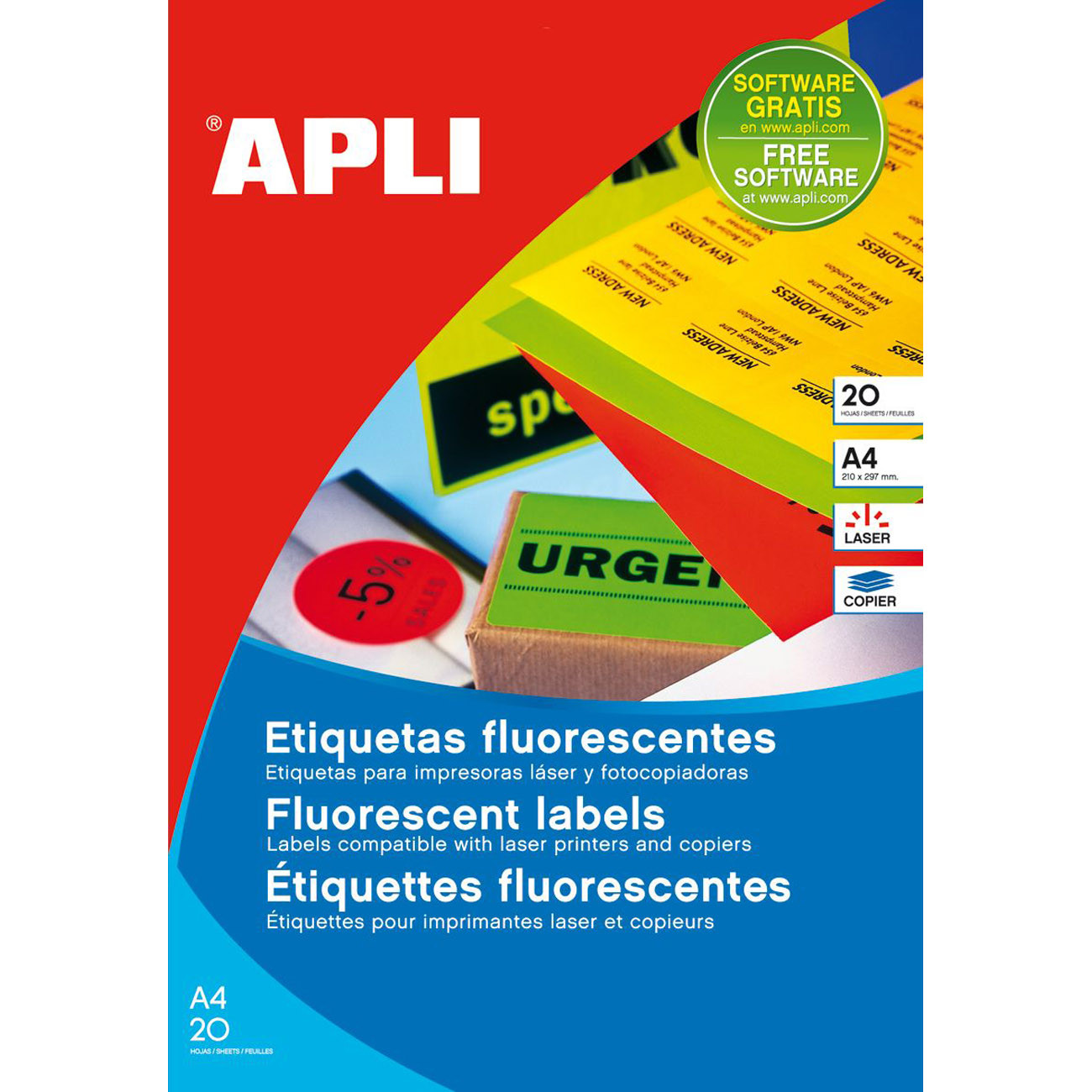 APLI 2874 Etiquettes jaunes fluo pour imprimante laser et copieur 99,1 x 67,7 mm - Pochette de 160
