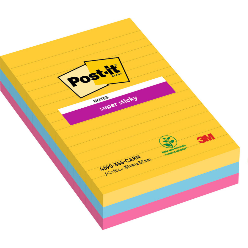 Post-it Bloc de notes SuperSticky lignes 101x152mm couleurs ultra assorties - lot de3 blocs de 90feuilles