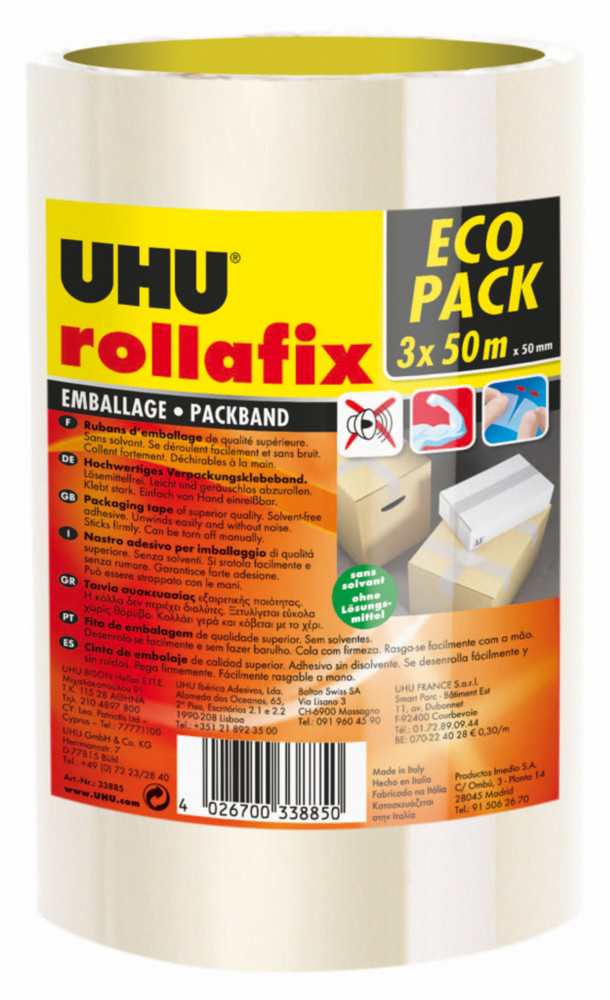 UHU Rollafix Ruban adhsif d'emballage en polypropylne silencieux 46 microns 50 mm x 50 m - Transparent  - lot de 3