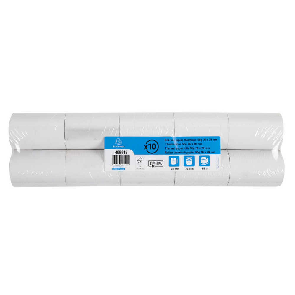 Exacompta Bobine balance 76 x 70 x 12 mm - Longueur 60M - 40991E - Rouleau Papier thermique 1 pli 55g sans Bisphnol A - Lot de 10