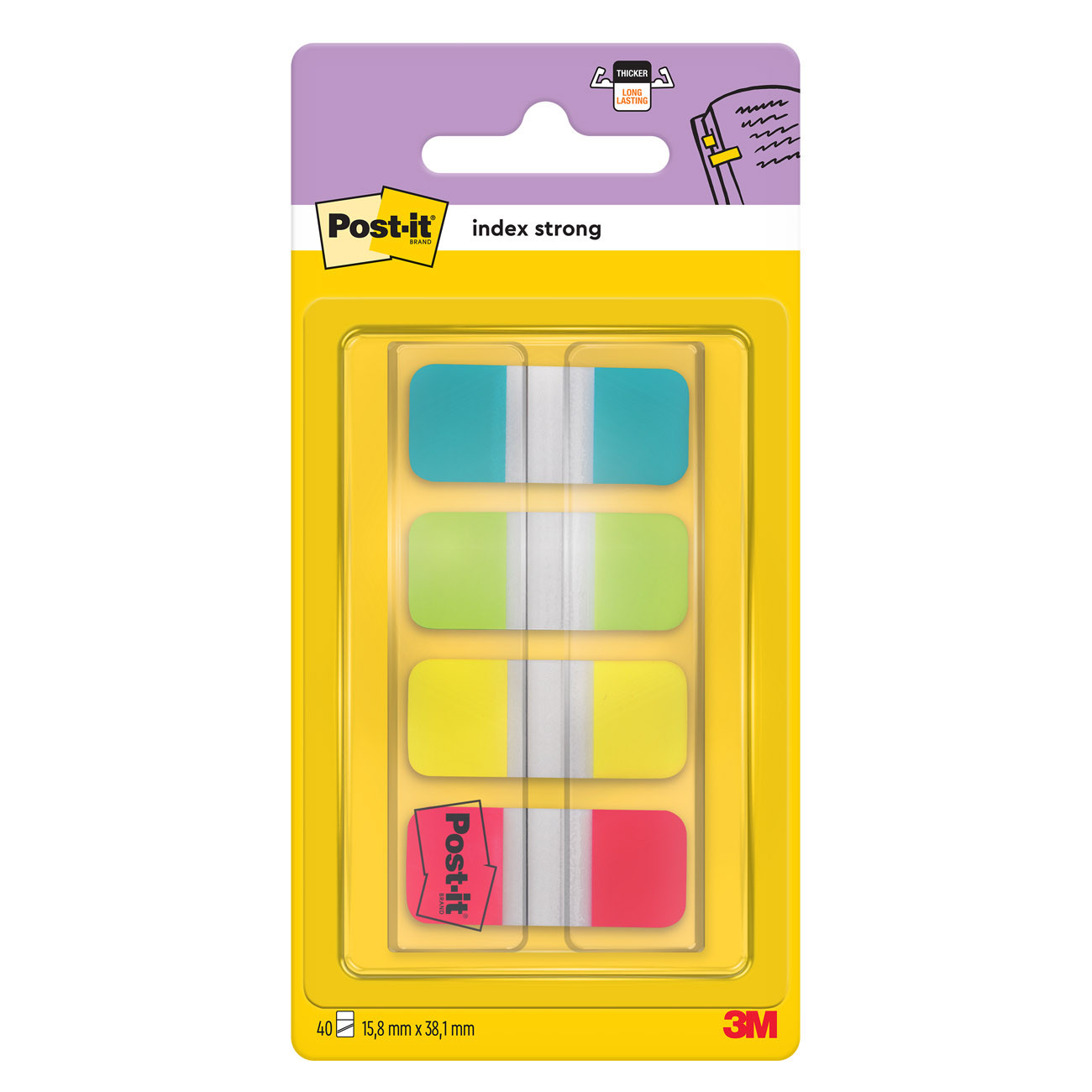 Post-it Marque-pages rigides 16 x 38 mm - 4 couleurs assorties (Bleu, Anis, Jaune, Rouge) - 4 x 10 index