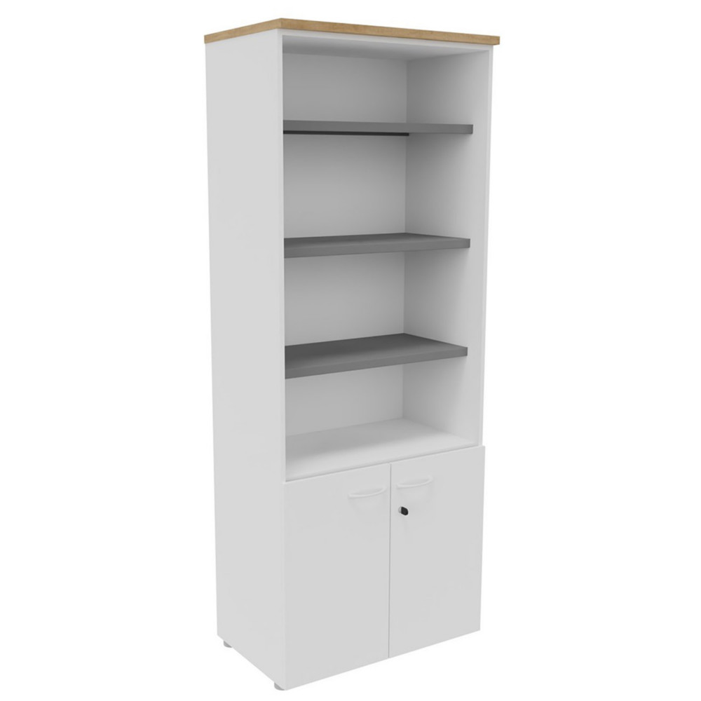 Bibliothque haute 2 portes basses L.80 x P.48 x H.201 cm - Corps Blanc - Top Chne Nebraska