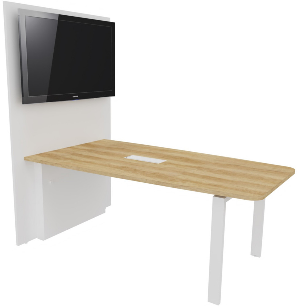 Table runion Visio avec  mur technique L.180 cm x H.72 cm - Plateau Chne Nebraska Pieds mtal Blanc