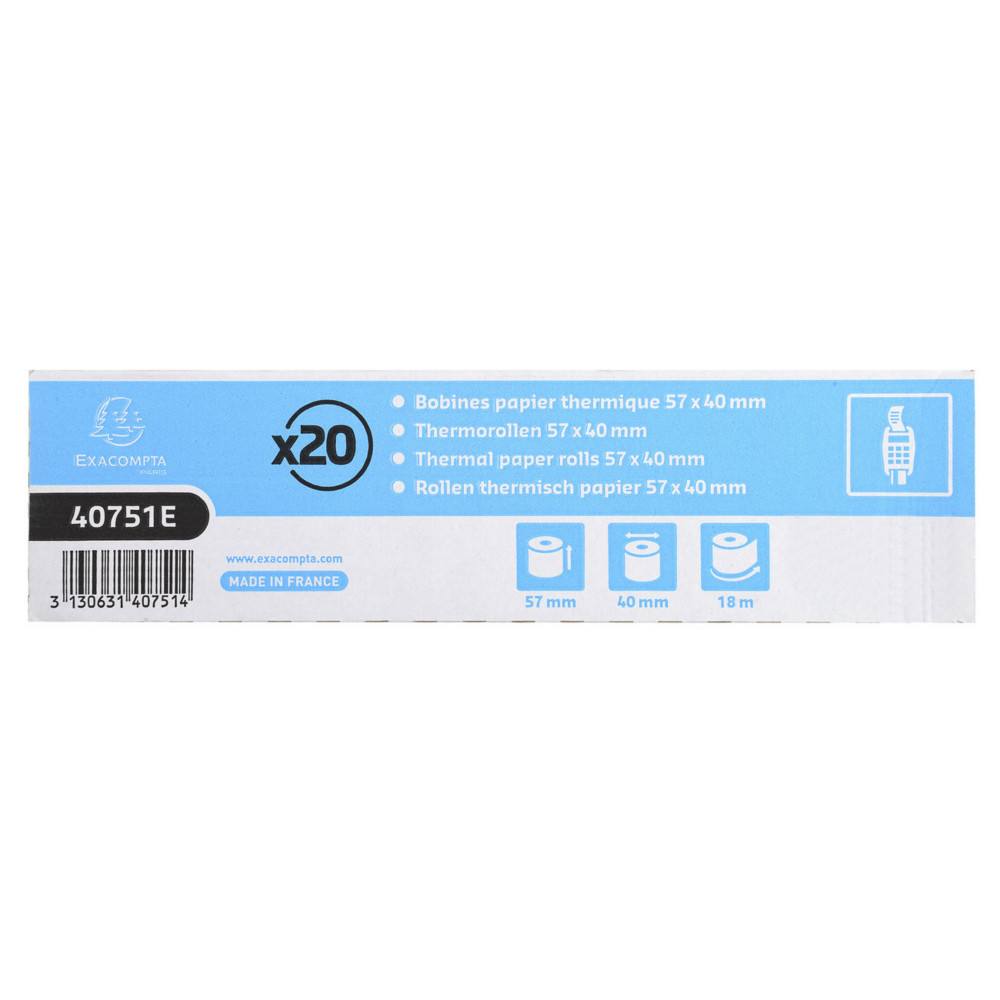 Exacompta Bobine TPE carte bancaire 57 x 40 x 12 mm - Longueur 18M - 40751E - Rouleau Papier thermique 1 pli 55g sans Bisphnol A - Lot de 20