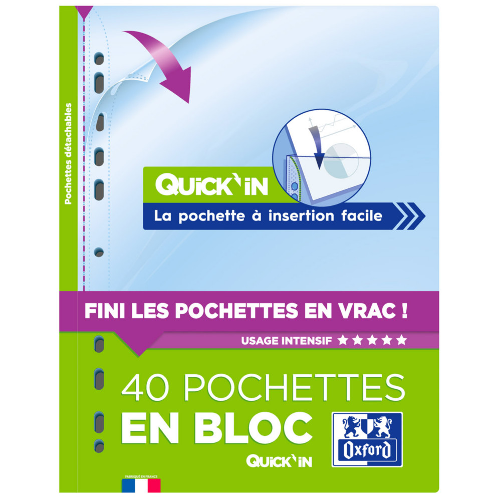 Oxford Pochettes perfores transparentes en bloc Quick'In A4 PP lisse - Lot de 40