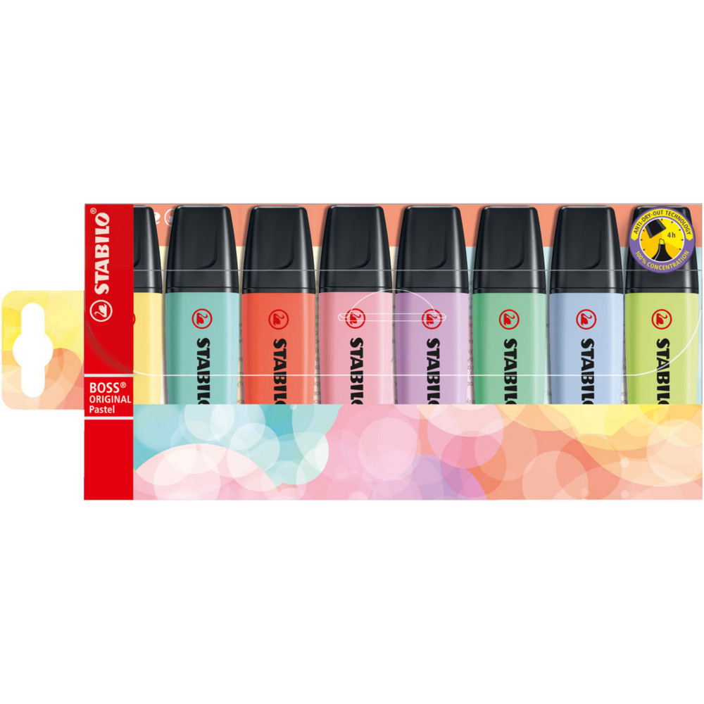 STABILO BOSS ORIGINAL Pastel Surligneur pointe biseaute 2 et 5 mm - Coloris assortis - Pochette de 8