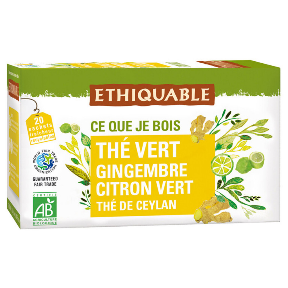 Ethiquable Sachets de th vert de Ceylan gingembre citron vert - Bote de 20