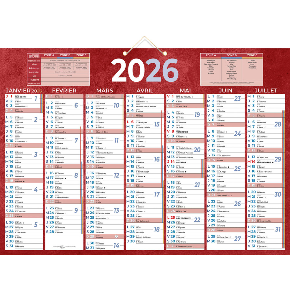 Bouchut Calendrier mural annuel (7 mois / face) - Rouge - 38,5 x 54 cm - 2026