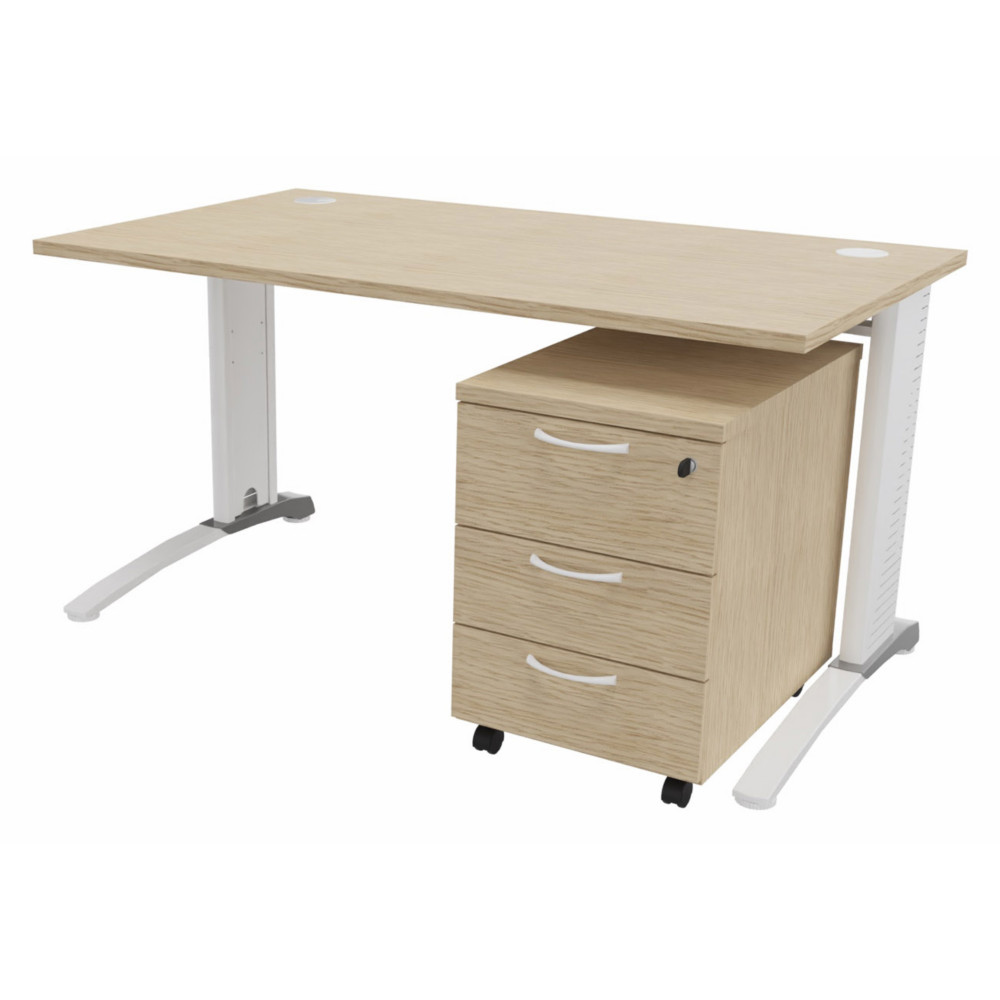 Pack bureau droit Biospace L.140 x P.80 cm Plateau Chne Pieds Blanc Embases Aluminium + Caisson mobile 3 tiroirs Chne