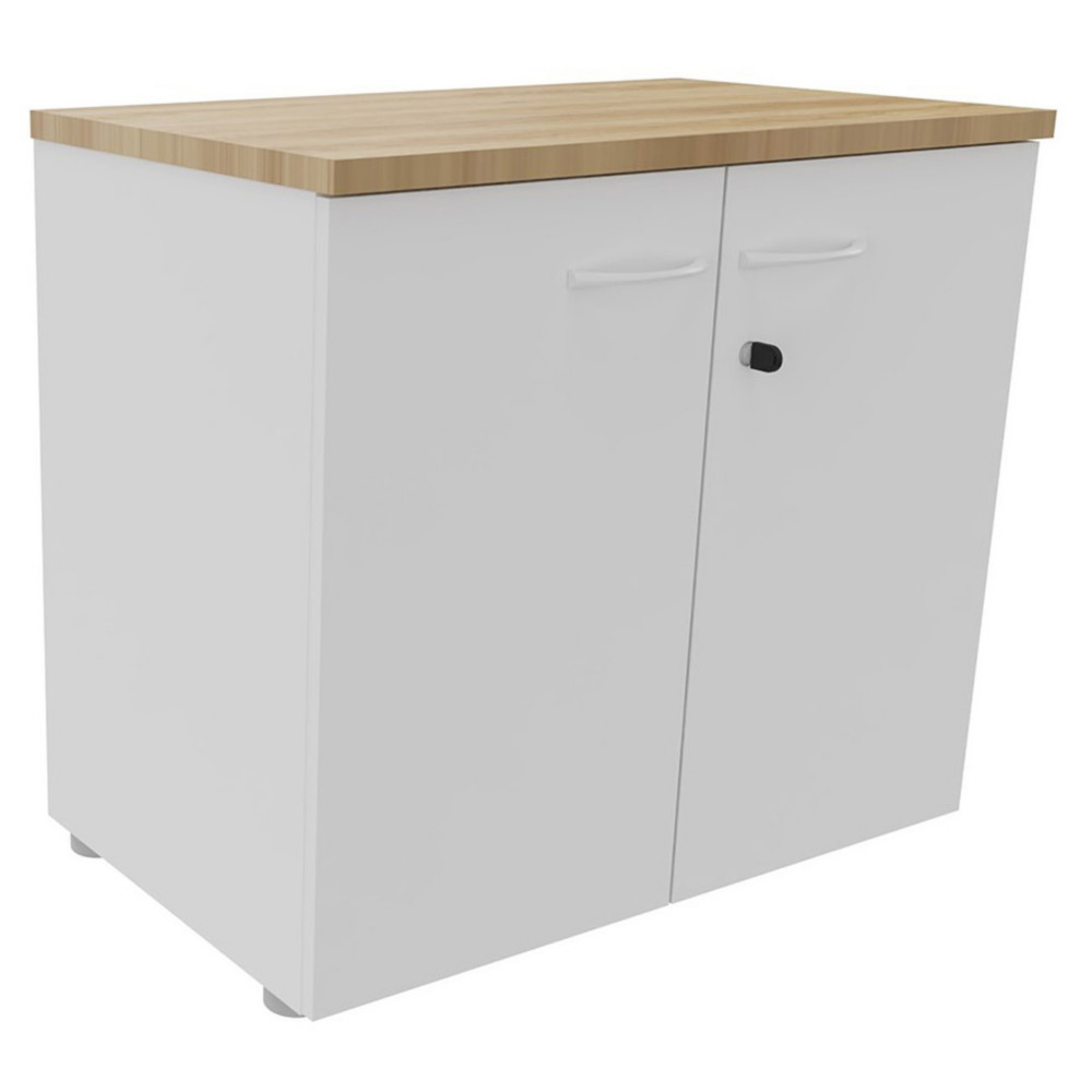 Armoire basse portes battantes L.80 x P.48 x H.72 cm - Corps Blanc - Top Chne Nebraska