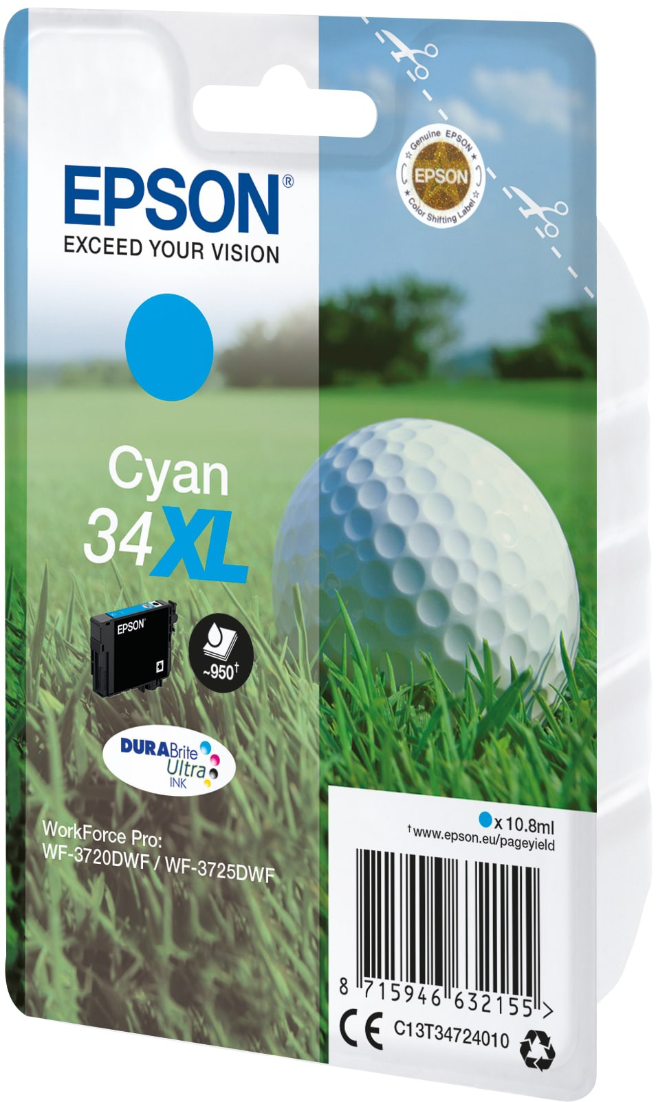Epson 34 XL ''Golf'' Cartouche d'encre originale grande capacité C13T34724010 - Cyan