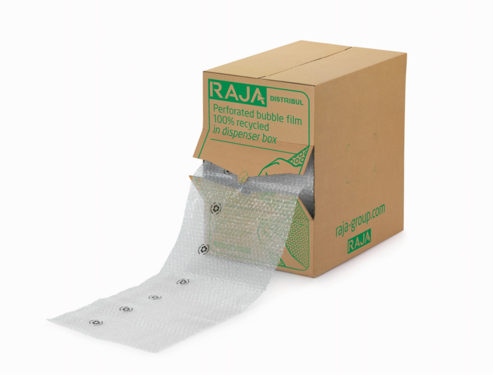RAJA Film de protection  bulles d'air 10 mm - Bote distributrice avec rouleau l. 32 cm x L. 50 m - 155 feuilles - Transparent