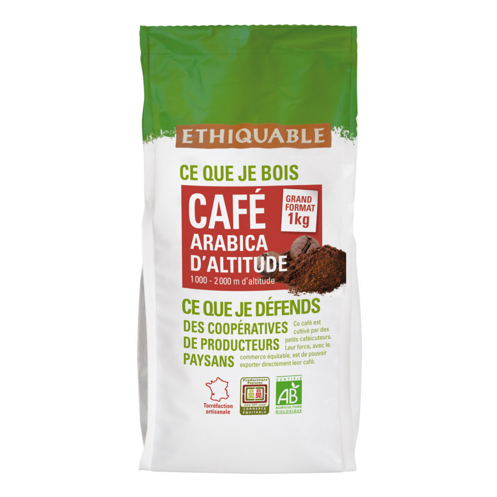 Ethiquable Caf moulu quateur, 100% Arabica Bio et quitable - Intensit 5 - 1 kg