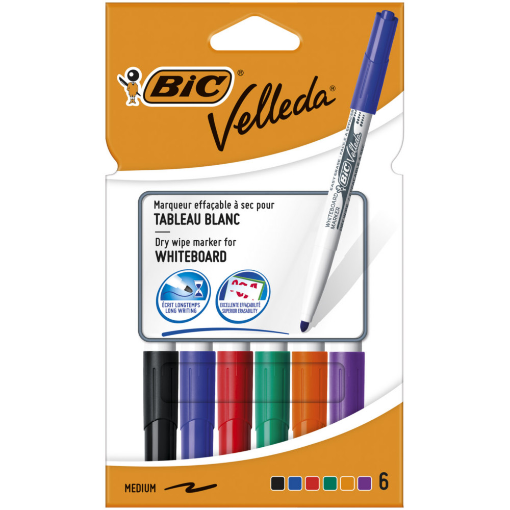 BIC Velleda 1741 Feutres pour Tableau Blanc Effaables  Sec, Pointe Conique Moyenne 1,4 mm - Marqueurs Couleurs Assorties - Pochette de 6