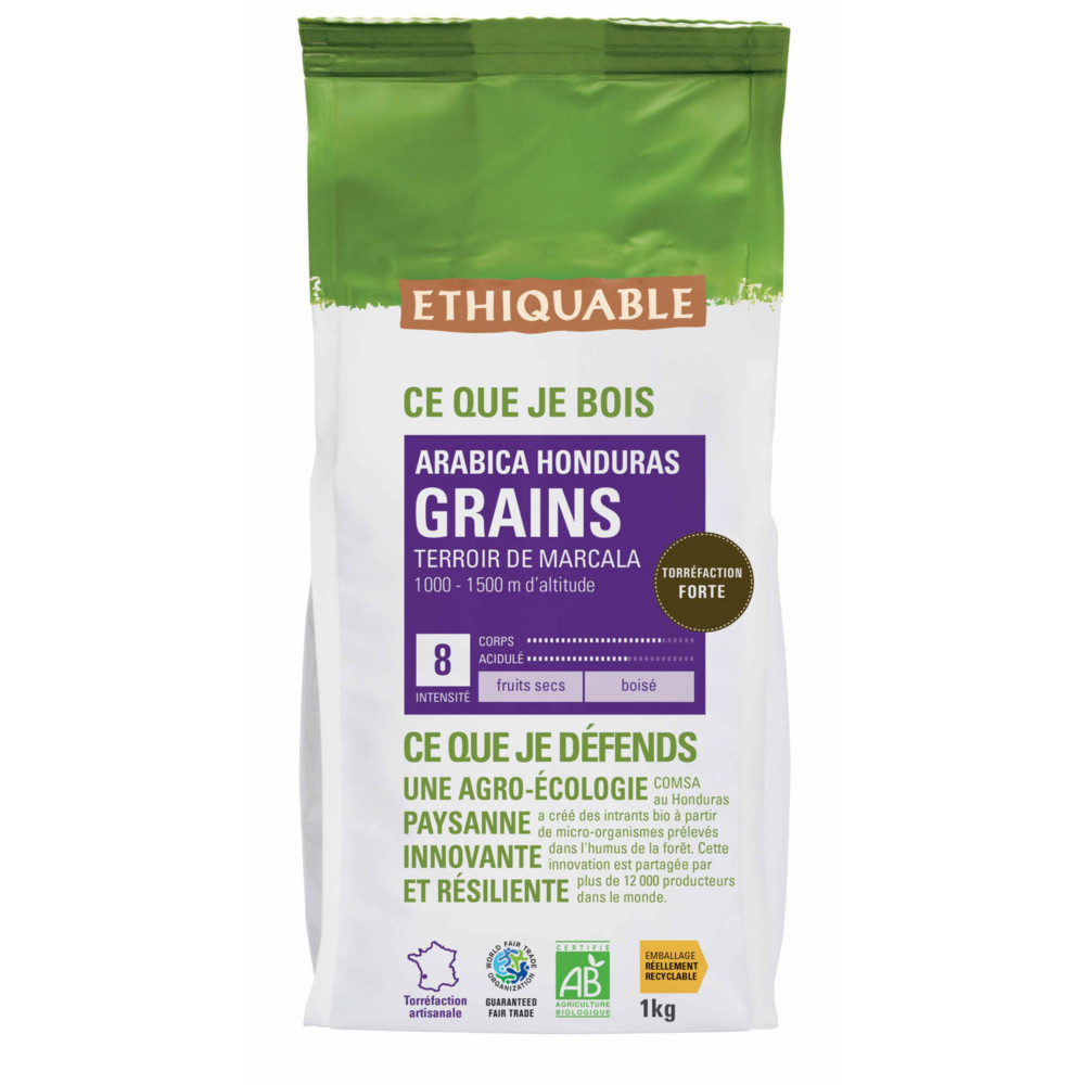 Ethiquable Caf en grains Honduras Arabica Bio et quitable - Intensit 8 - 1kg
