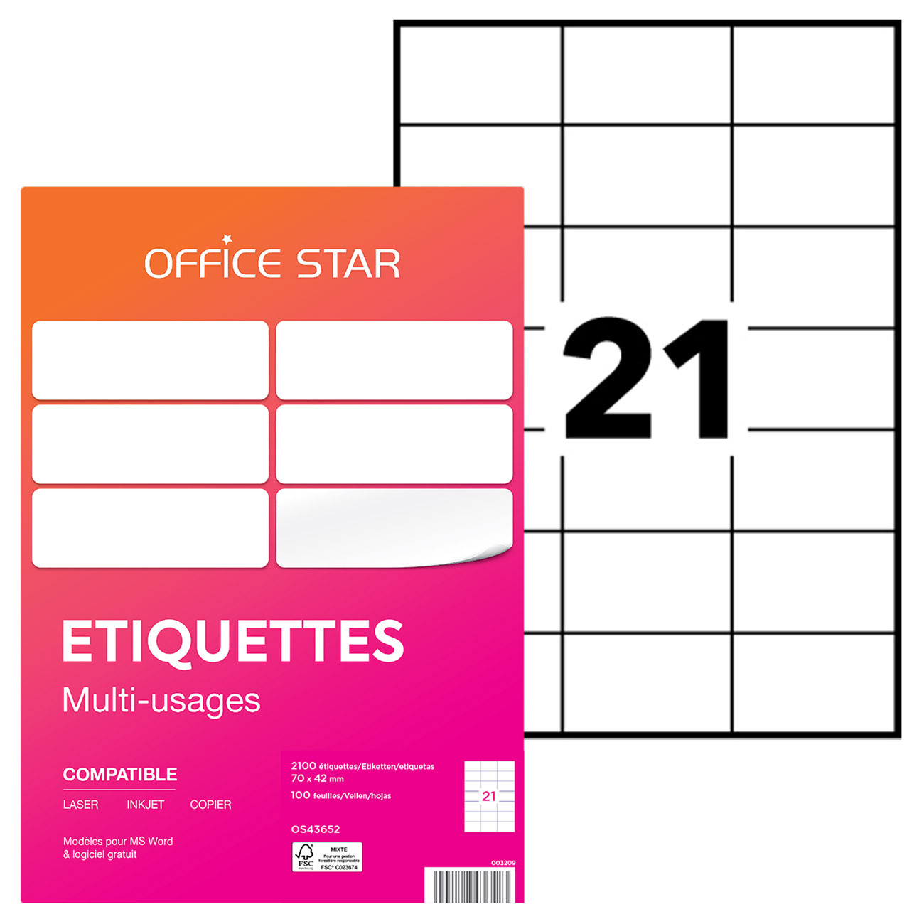 OFFICE STAR OS43652 Etiquettes multi-usages blanches 70 x 42 mm - Boîte de 2100
