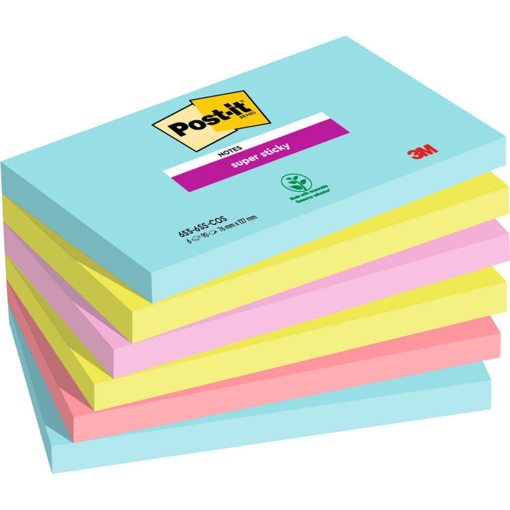 Post-it Notes repositionnables Super Sticky Cosmic 76 x 127 mm - Assorties - Lot 6 blocs de 90 feuilles
