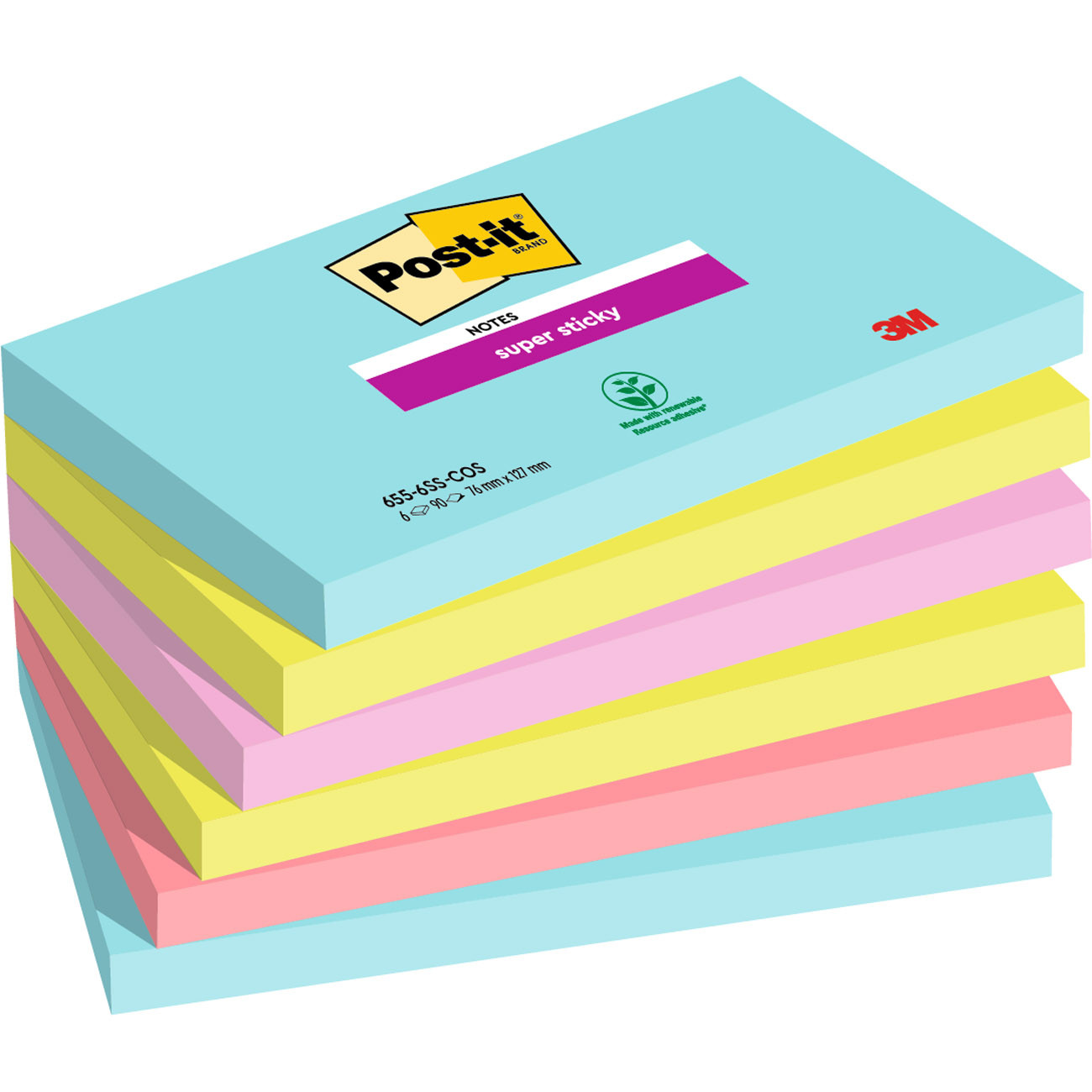 POST IT Post-it Notes repositionnables Super Sticky Cosmic 76 x 127 mm - Assorties - Lot 6 blocs de 90 feuilles