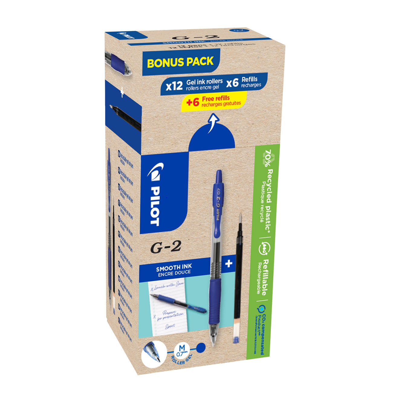 Pilot Eco Pack G2-07, stylo encre gel rétractable, pointe moyenne 0,7 mm, corps bleu transparent avec zone de préhension, encre bleue, 12 stylos + 12 
