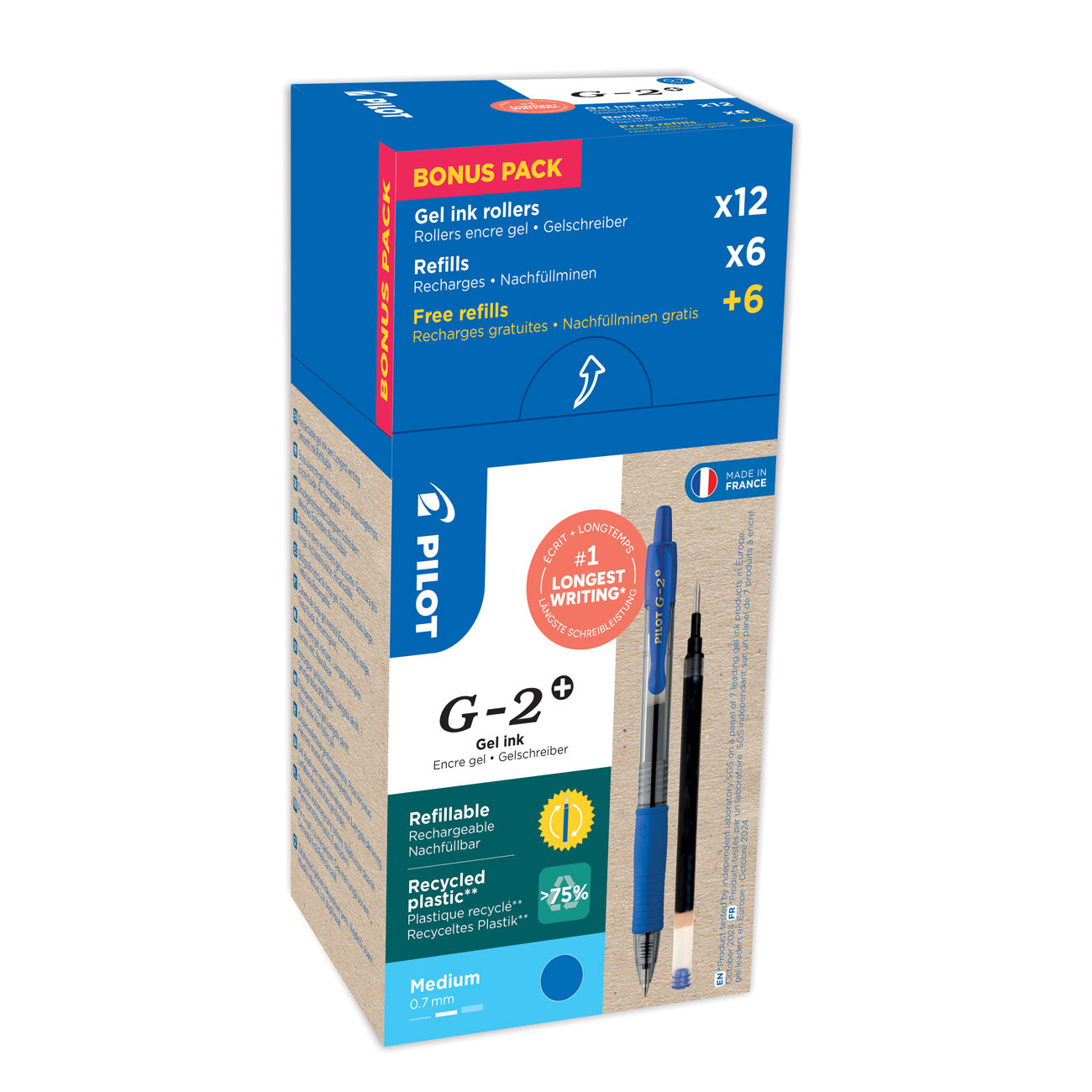 Pilot Eco Pack G2+ 07 stylo encre gel rétractable pointe moyenne 0 7 mm corps avec zone de préhension encre 12 stylos + 12 recharges dont 6 offertes