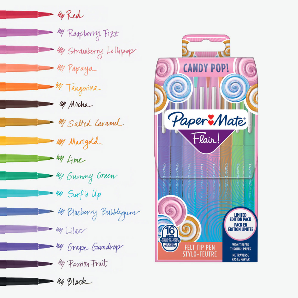 Paper Mate Flair Candy Pop - Stylo feutre  capuchon pointe moyenne 1 mm - Pochette 16 couleurs assorties