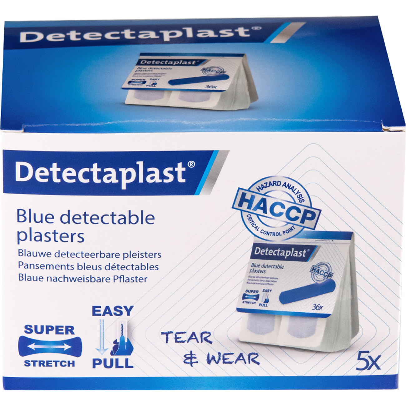 Detectaplast Recharge de pansement bleu détectable magnétiquement Super Stretch pour distributeur Tear & Wear - Format 25 x 72 mm - HACCP - Boîte de 5 paquets de 36