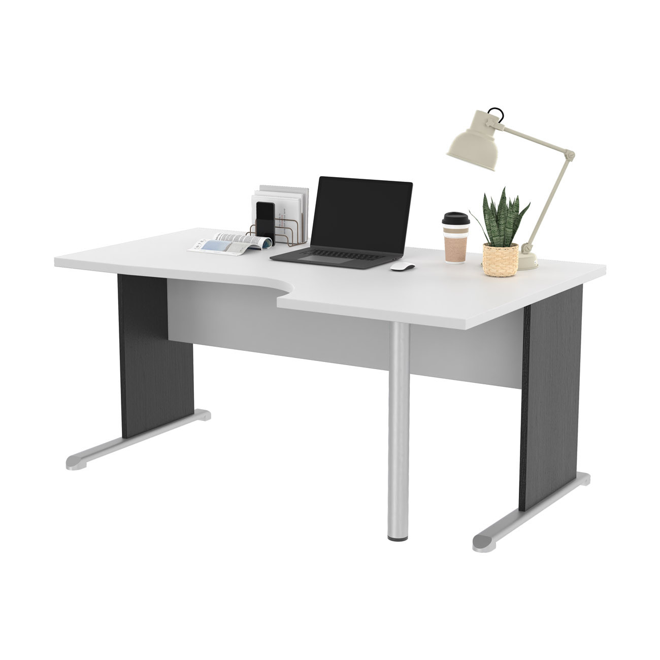 Bureau d'angle compact retour à droite Pronto Bois - L.160 x P.100 cm - Plateau Blanc - Pieds L Noir