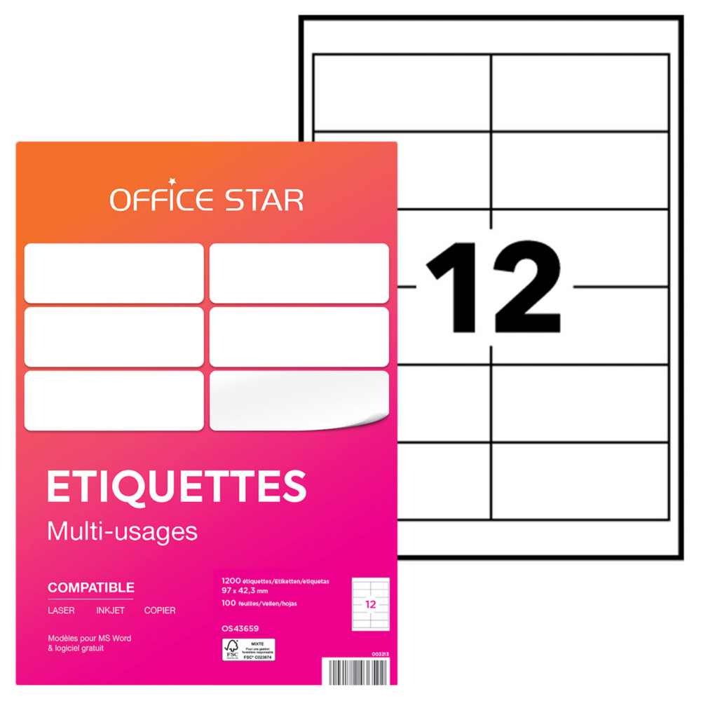 OFFICE STAR OS43659 Etiquettes multi-usages blanches 97 x 42,3 mm - Bote de 1200