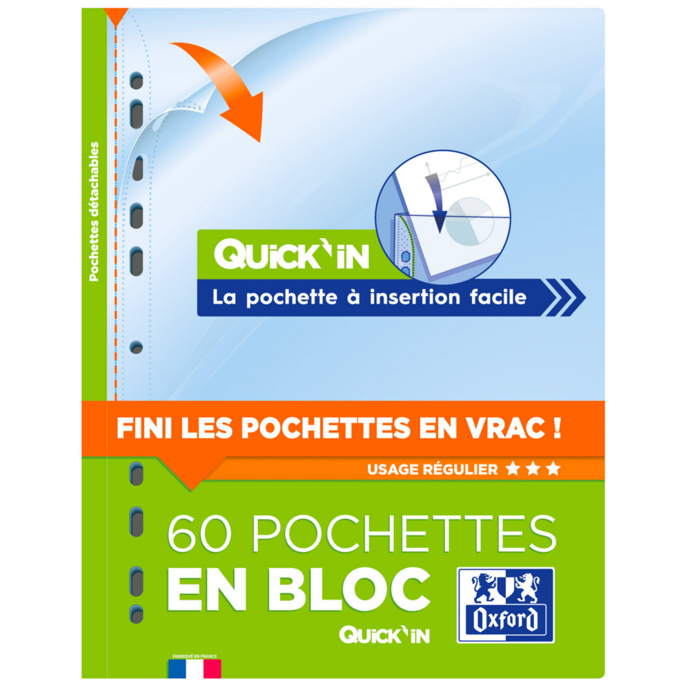 Oxford Pochettes perfores transparentes en bloc Quick'In A4 PP lisse - Lot de 60