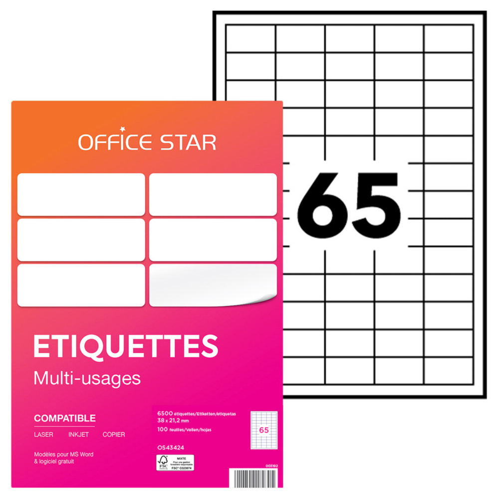 OFFICE STAR OS43424 Etiquettes multi-usages blanches 38 x 21,2 mm - Bote de 6500